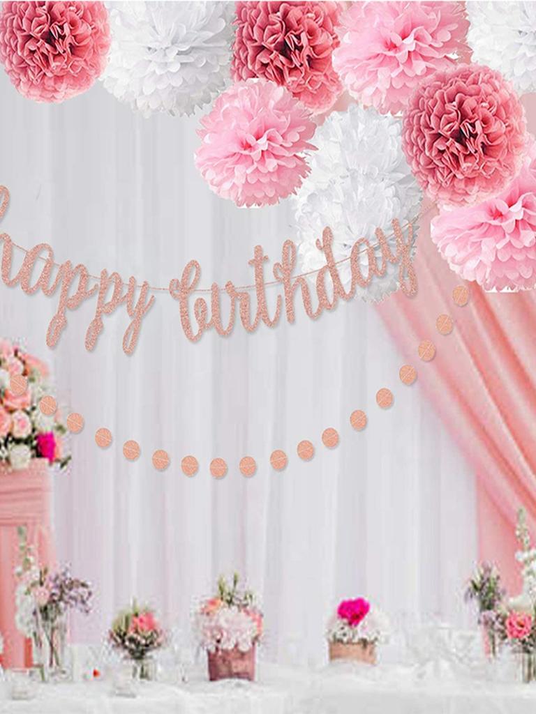 26pc Banner,Streamers Tassel Garland,Tissue Pom Poms Honeycomb,Paper Lanterns Fan,Birthday Wedding Bridal Baby Shower Bachelorette Engagement Decor