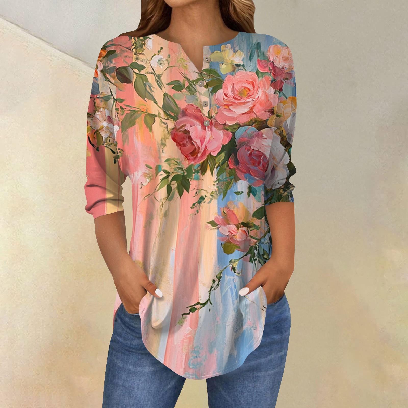 

Женская свободная футболка с воротником на пуговицах и винтажным цветочным принтом, рукав три четверти XL арбуз красный