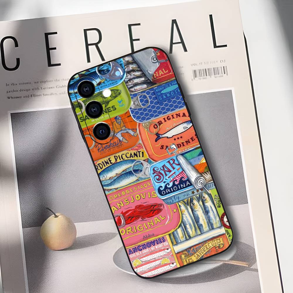 Sardines Fish Art Canned Food Phone Case For Samsung Galaxy A73,A72,A71,A70,A53,A52,A51,Soft Silicone Black Cover