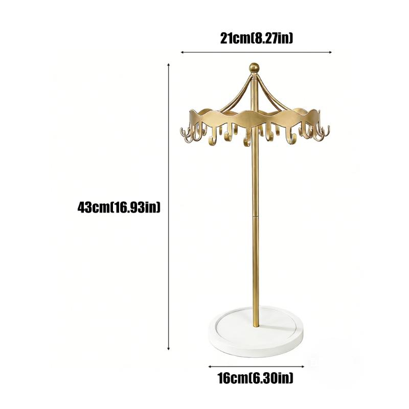 Iron Jewelry Display Stand with a Rotatable Upper Frame, Multiple Hanging Positions, and a Round Tray for Dresser Storage and Presentation