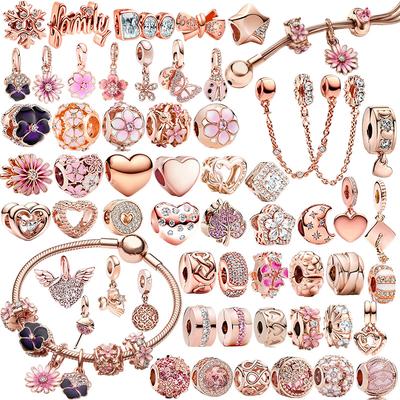 New Sparkling Rose Gold Heart Star Moon Flower Clip Charm Beads Pendant for DIY Bracelet Jewelry Women Gifts
