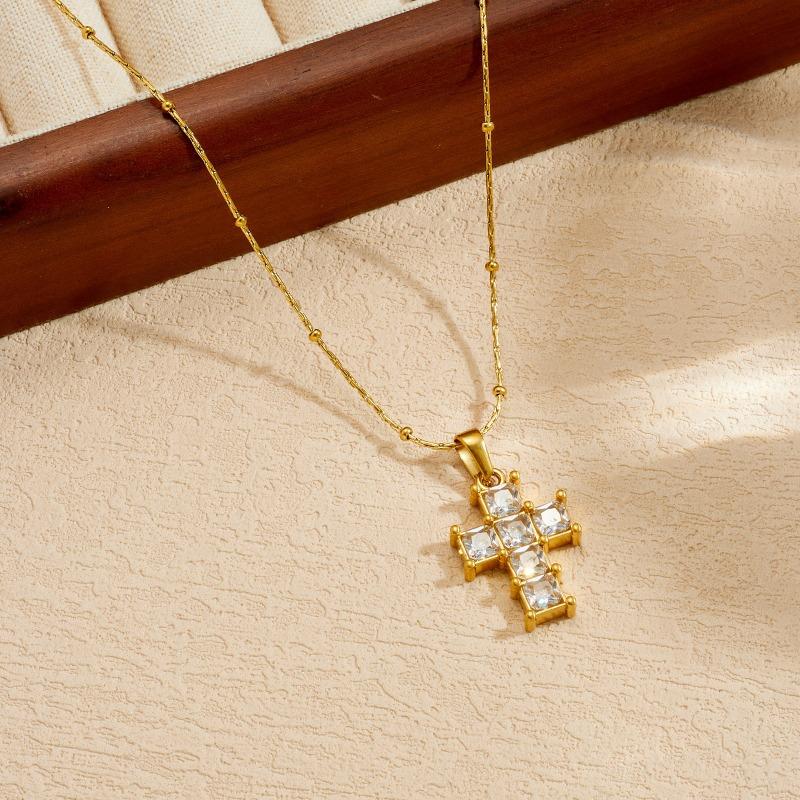 Gold Plated Stainless Steel Crystal Cross Pendant Necklace for Women