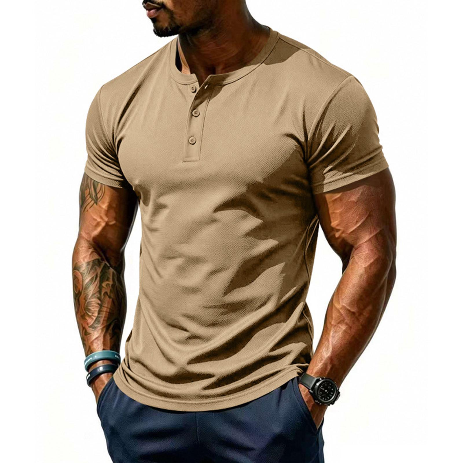 Мужская летняя дышащая сетчатая рубашка-henley с коротким рукавом, быстросохнущая, легкая спортивная футболка с воротником на пуговицах XXL хаки