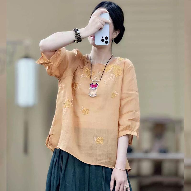 

Летний новый продукт темперамент свободный большой размер пуловер круглый вырез хлопок и лен короткий рукав средний рукав рубашка топ литературная вышивка футболка 3XL хаки