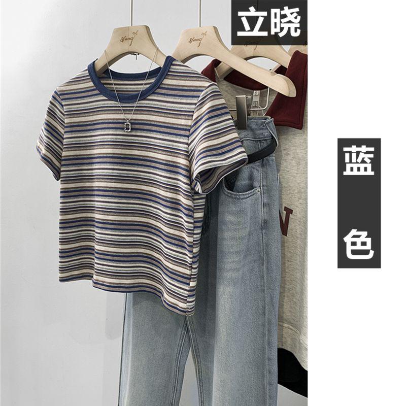 

Women s Striped Crew Neck T-Shirt Short Sleeve Contrast Trim Casual Summer Tee S синій