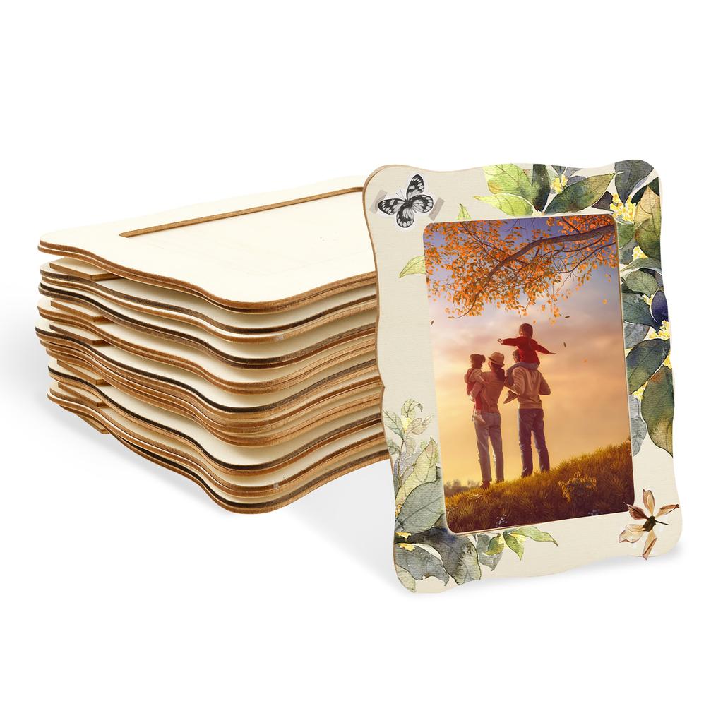 10Pcs Unfinished Wooden Frames Wavy/Rectangle Photo Holder DIY Painting Crafts Photo Display Stand Home Office Desktop Decor