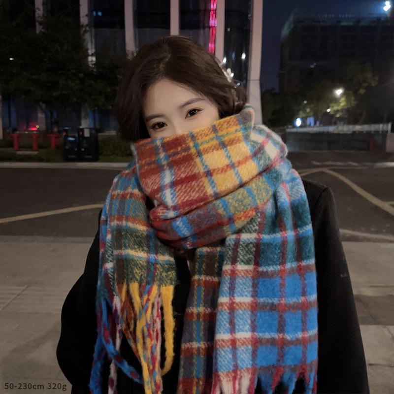 Korean Style Plaid Mohair Scarf - Women's Winter Imitation Cashmere Shawl