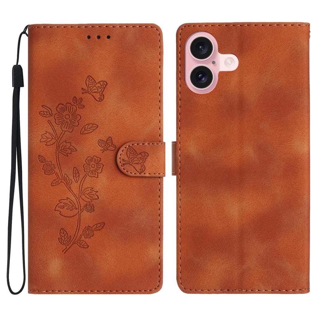 For iPhone 17 Case Leather Imprinted Flower Phone Cover Wallet with Wrist Strap
