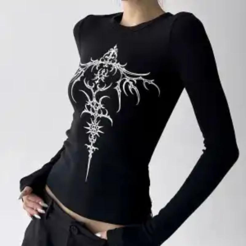 American Retro Printed Long-sleeved T-shirt for Women Velvet Autumn and Winter Slim Bottoming Shirt Trendy Top