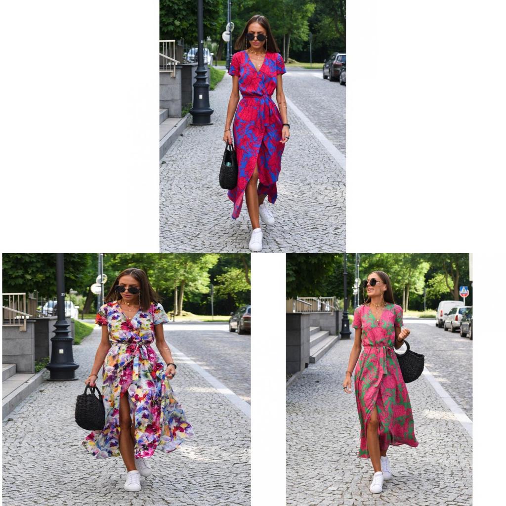 Euro Style Short Sleeve V Neck Printed Dress With High Waist For Summer Streetwear