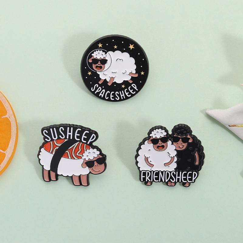 Cartoon Fluffy Sheep Enamel Pin Funny Pun Friendsheep Astronaut Spacesheep Susheep Brooch Lapel Badge Jewelry Gifts for Friends
