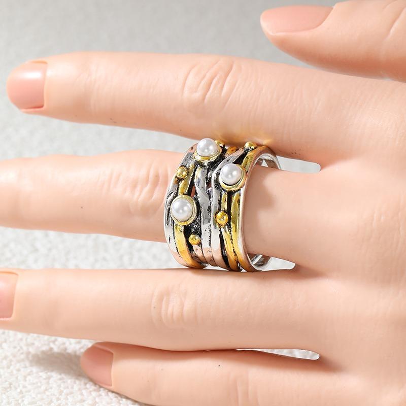 Ethnischer Intarsien-Ring mit Imitation Perlen für Damen, Vintage, Zweifarbig, Geometrisch, Tägliches Tragen, Party Schmuck, Jahrestagsgeschenk