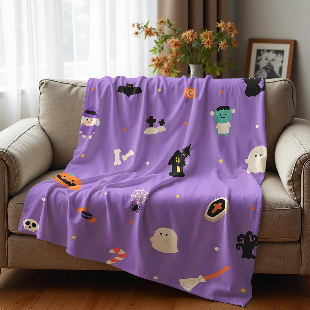 Purple Cute Halloween Cartoon Anime Print Flannel Blanket Soft Warm Throw for Kids Bedroom Sofa Christmas Office Car