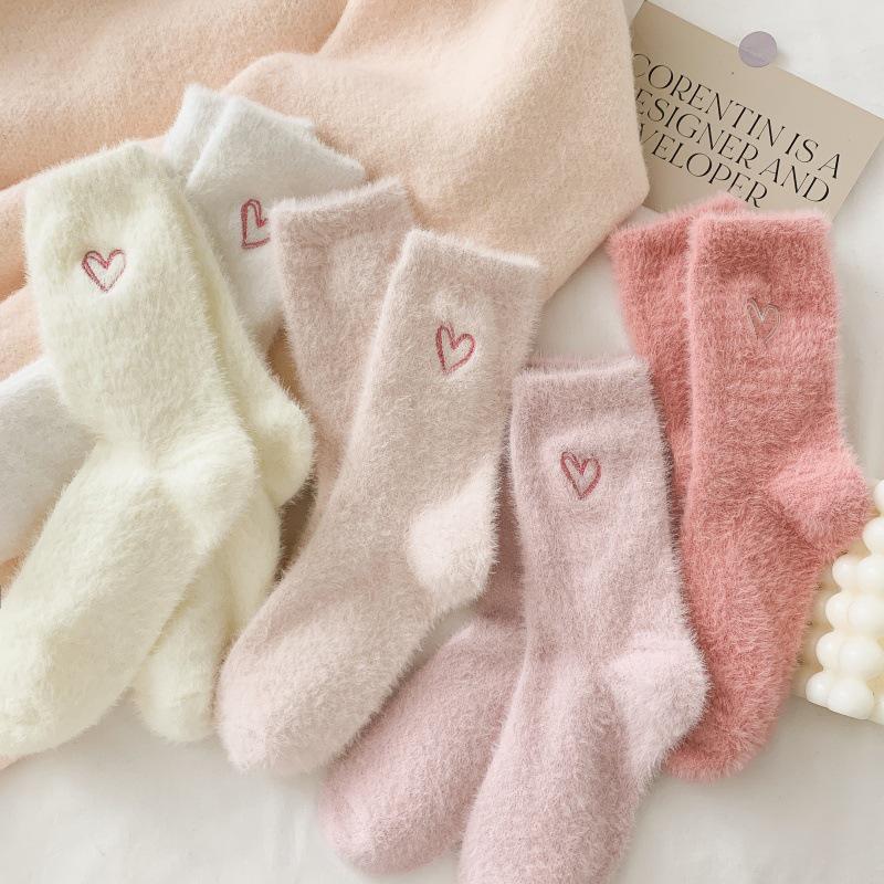 Women's Autumn & Winter Warm Mink Velvet Sleep Socks with Heart Embroidery