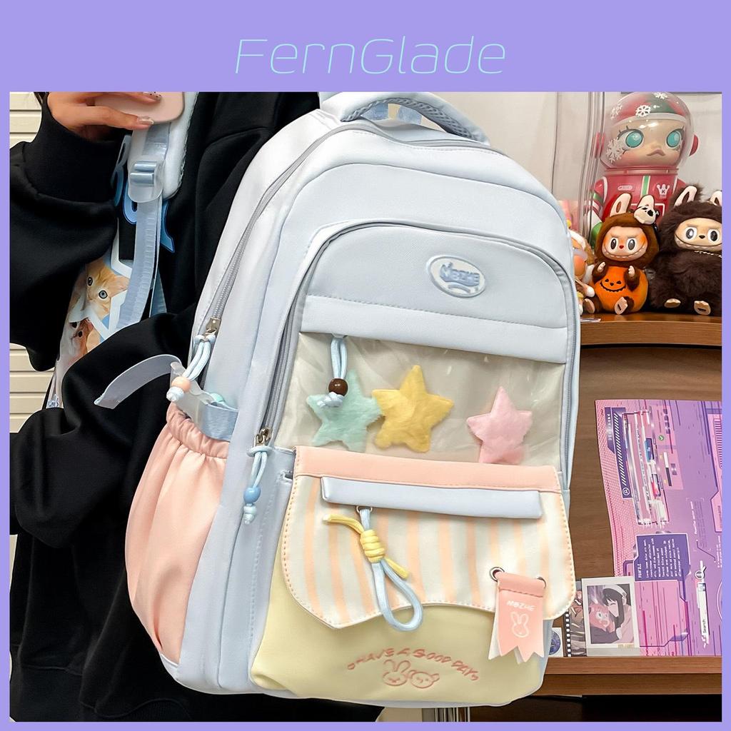 Cute Color Blocked Striped Cartoon Embroidery Student Backpack With Star Decor For School Use
