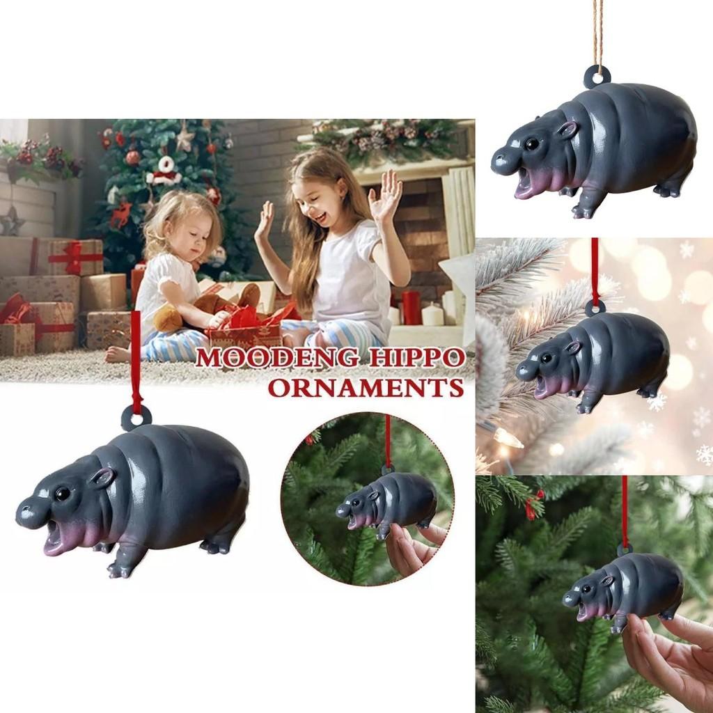 Adorable Moodeng Christmas Hippo Ornament Cartoon Resin Tree Decoration Gift