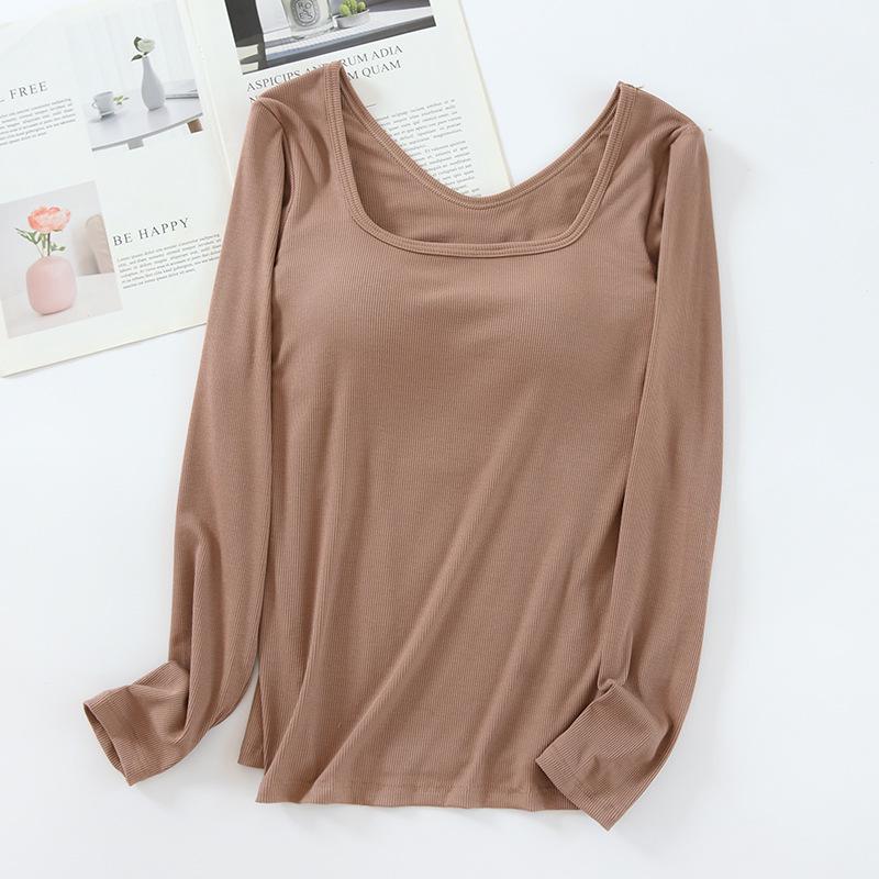 Women's Square Neck Long Sleeve Top with Built-in Bra Pads - Slim Fit for Early Autumn/Spring/Winter