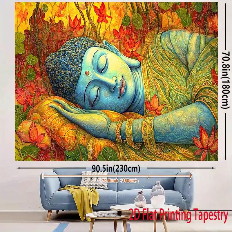 2D Flat, Colorful Sleeping Buddha Lotus Tapestry Wall Hanging For Meditation Yoga Room Decor Spiritual Art Print Home Decoration