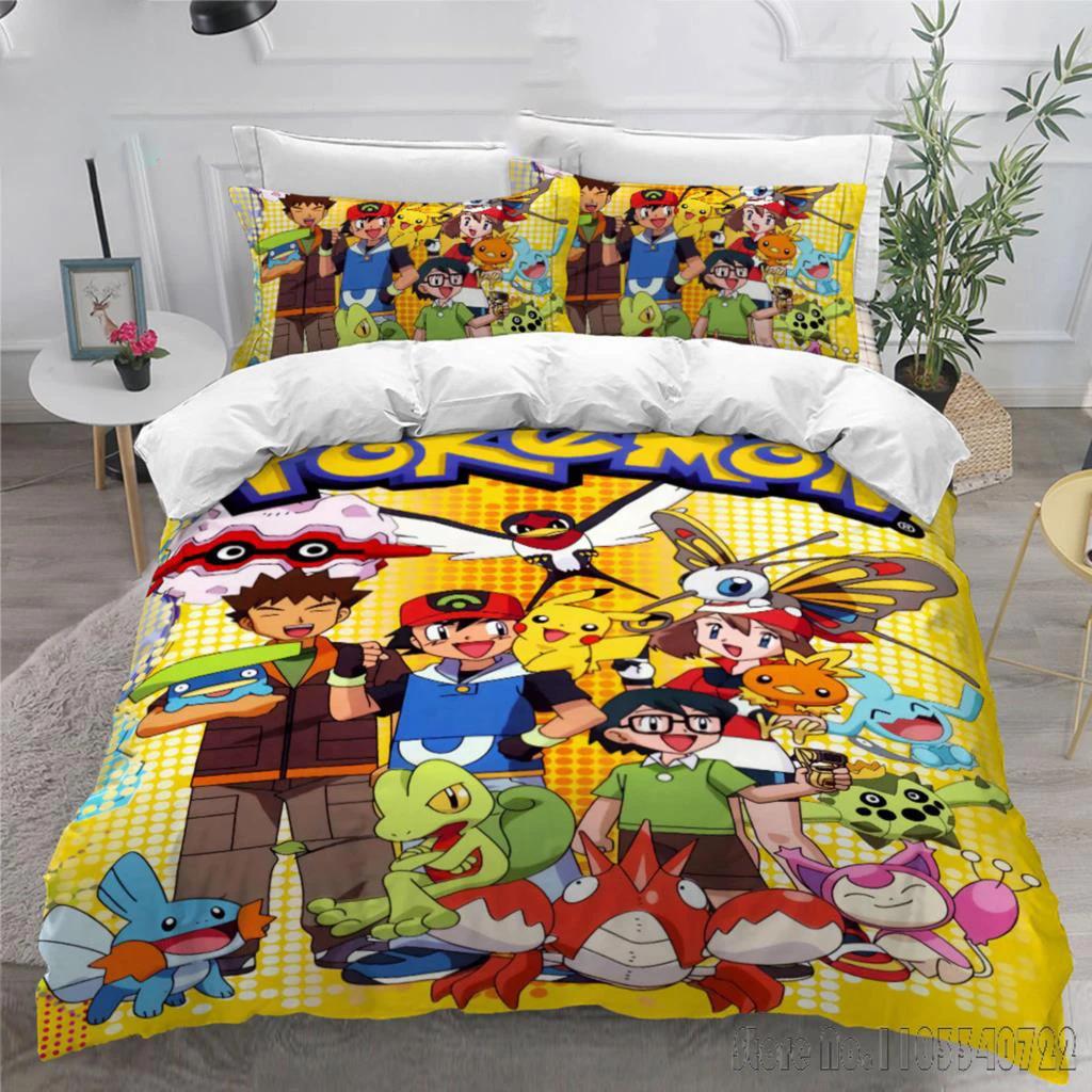 Anime Popular Pokemon Pillowcase Pikachu Bedding Set Baby Duvet Cover Sets Bedclothes Twin Single King Kids Adult Gift