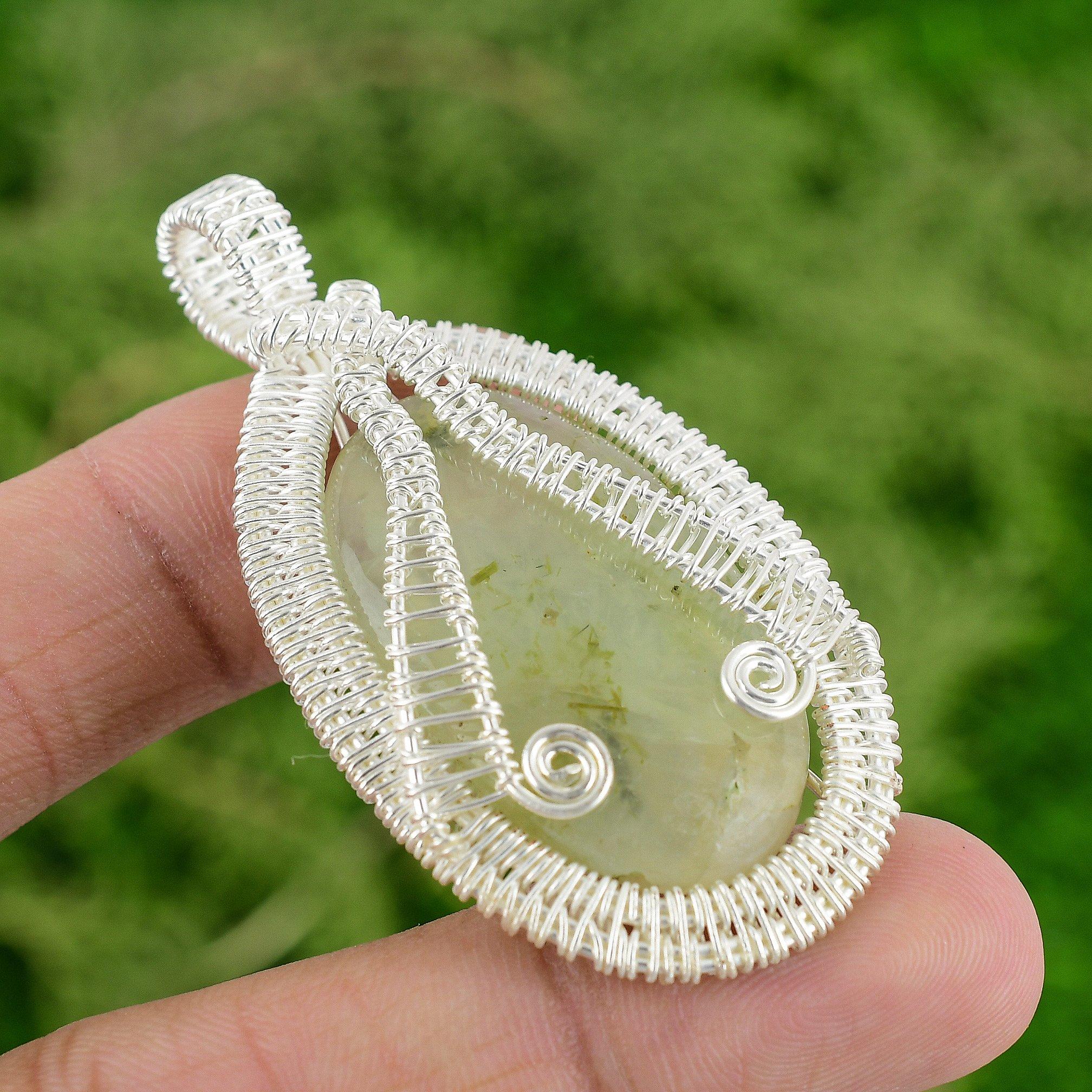 

925 Sterling Silver Natural Moss Prehnite Engagement Wire Wrap Pendant Jewelry