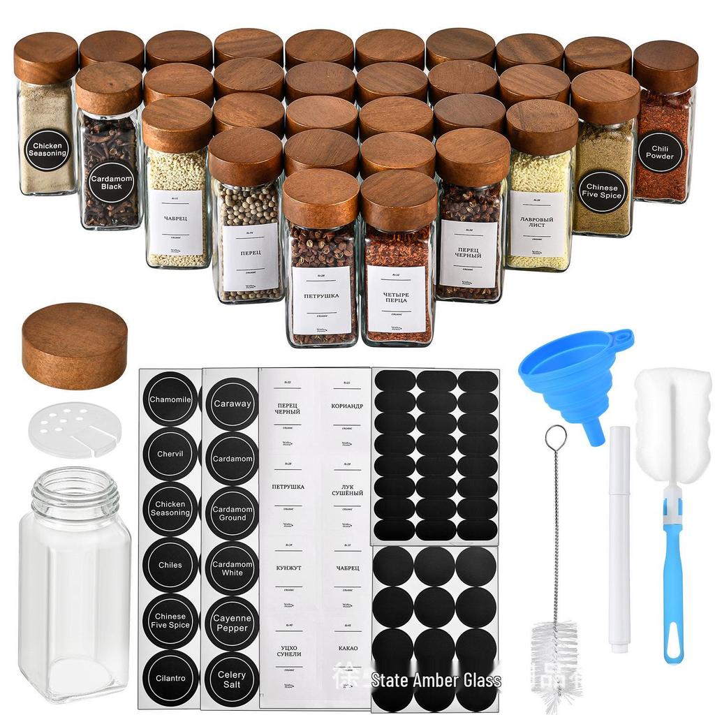 Square Acacia Wood Spice Jar Set – 24-Piece Glass Jars with Pepper Powder Sprinkler, 40oz Capacity