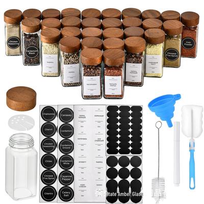 Quadratisches Akazienholz Gewürzglas Set – 24-teiliges Glasglas mit Pfefferpulver Streuer, 40oz Fassungsvermögen