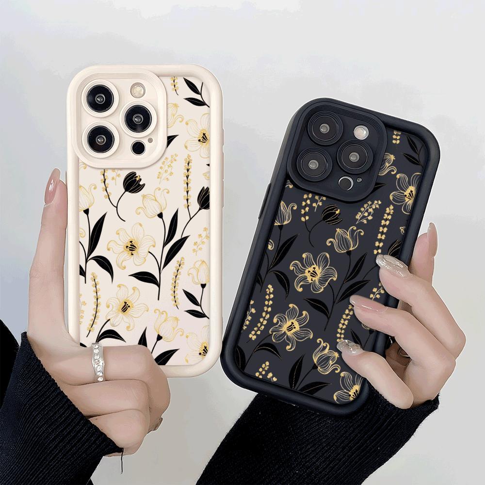 Gold Black Floral Pattern Phone Case for Xiaomi Redmi Note 14 13 12 11 10 9 8 7 Pro Shockproof Anti-Slip Soft TPU Cover