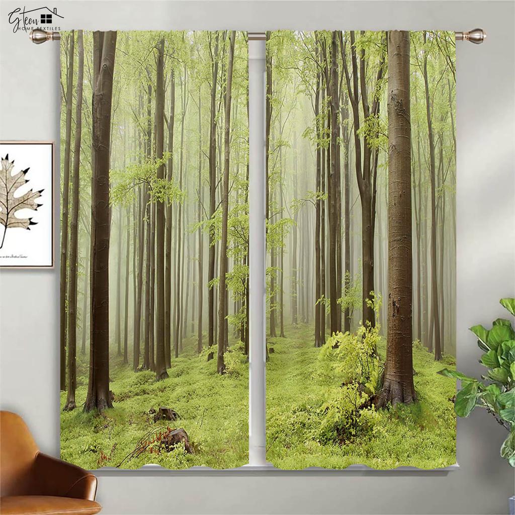 Forest Scenery Decorative Curtains Green Woods Sunshine Natural Aerobic B&B Hotel Bedroom Living Room 3D Printing Curtains 2PCS