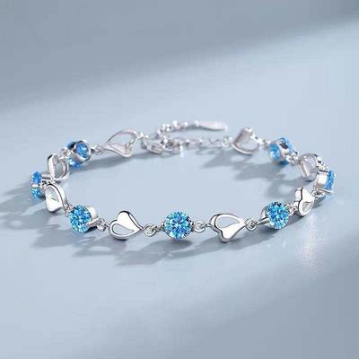 Korean Silver Color Blue Zircon Lovers Bracelet For Women Fashion Crystal Heart Shaped Bracelet Wedding Jewelry Valentines Gift
