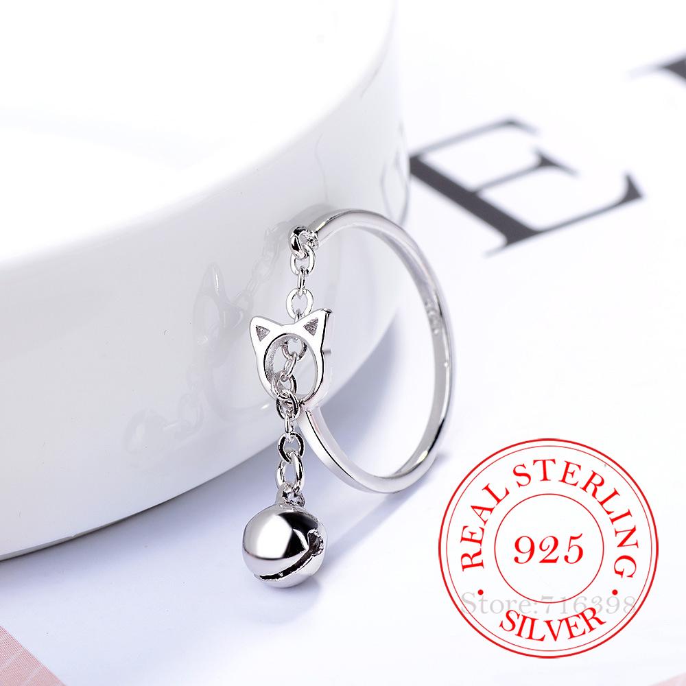 925 Sterling Silver Hollowed-out Cat Tassel Bells Finger Ring for Women Fashion Wedding Engagement Party Gift Charm Jewelry
