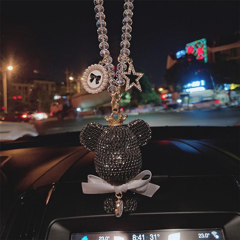 Fashion Crystal Cartoon Gloomy Bear Car Hanging Ornaments Rhinestone Tassels Crystal Pendant Rear View Mirror Car Decoration