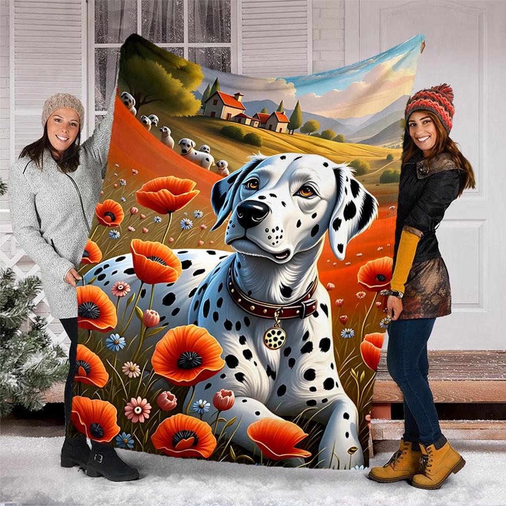 1pc Dalmatian Field Throw Blanket Polyester Fiber, Lightweight Flannel, Soft & Warm, All Season Use for Outdoor, Camping Digital Print