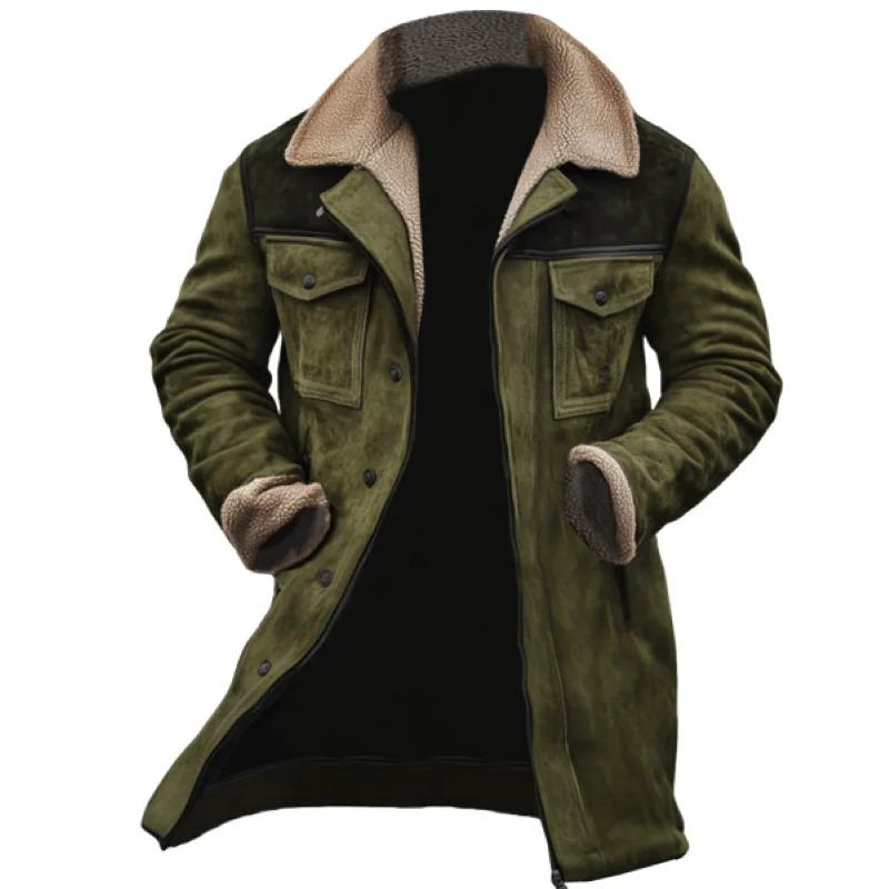 2025 Men's Vintage Suede Patchwork Jacket, Lamb Fleece Multi-Pocket Coat, Reverse Collar Outdoor Warm Fleece Coat for Men