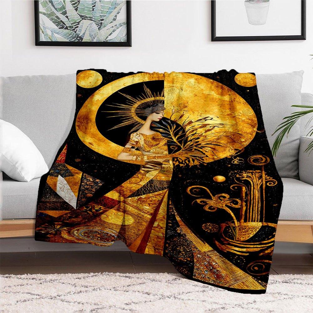 Golden Goddess Wall Art: Celestial Elegance DecorBlanket Flannel Throw Blanket for Sofa, Bed, Travel, Camping, Office, Couch, Chair, And Bed
