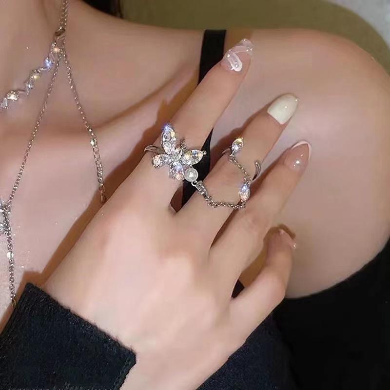 Double Finger Chain Rings For Women Ring Set Tassel Butterfly Zircon Crystal Rings Jewelry Fashion Hiphop Jewelry