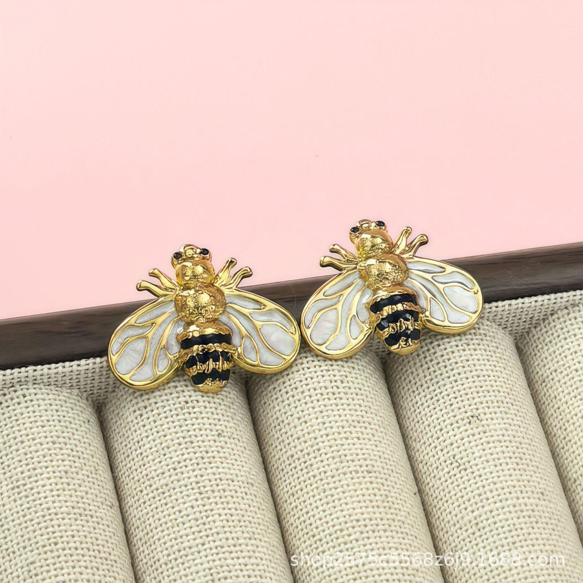 Fashion Geometric Stainless Steel Bee Earrings - Colorfast Drop Glaze Studs for Women