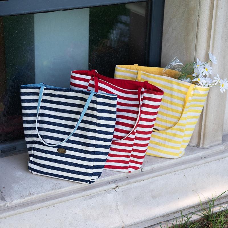 New Lazy Wind Shoulder Bag Double-sided Back Striped Canvas Bag Women's Large Capacity Commuter Tote Bag