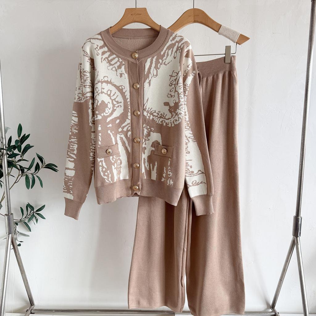 Autumn Winter Women Casual Print Knitted Sweater Trouser Two Piece Set Single Breasted Jacket Tops and Drawstring Pant Tracksuit