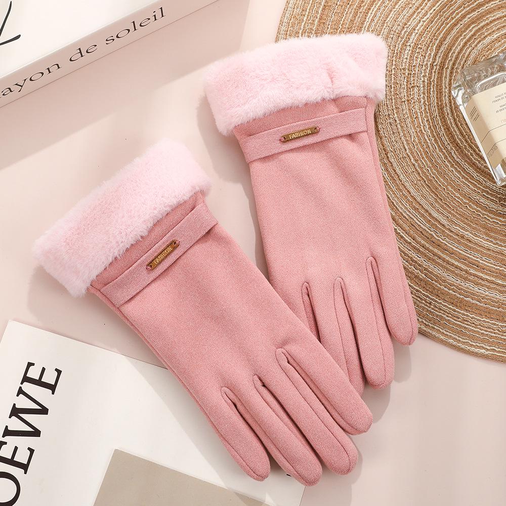 Women's Touchscreen Fleece Cycling Gloves - Cartoon Style, Thickened, Cold Weather Protection
