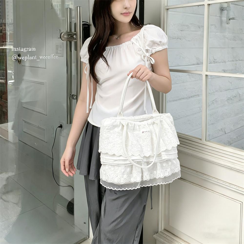 Tote Bag For Women With Lace Overlay Large Capacity Polyester Shoulder Purse For Daily Use