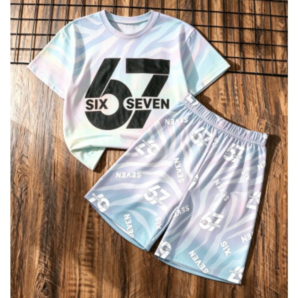 Kids Set Zebra Stripe 67 Number Printed Kids T-shirt and Shorts 2 Piece Set Summer Street Casual Outdoor Boy's and Girl's T-shirt Sets