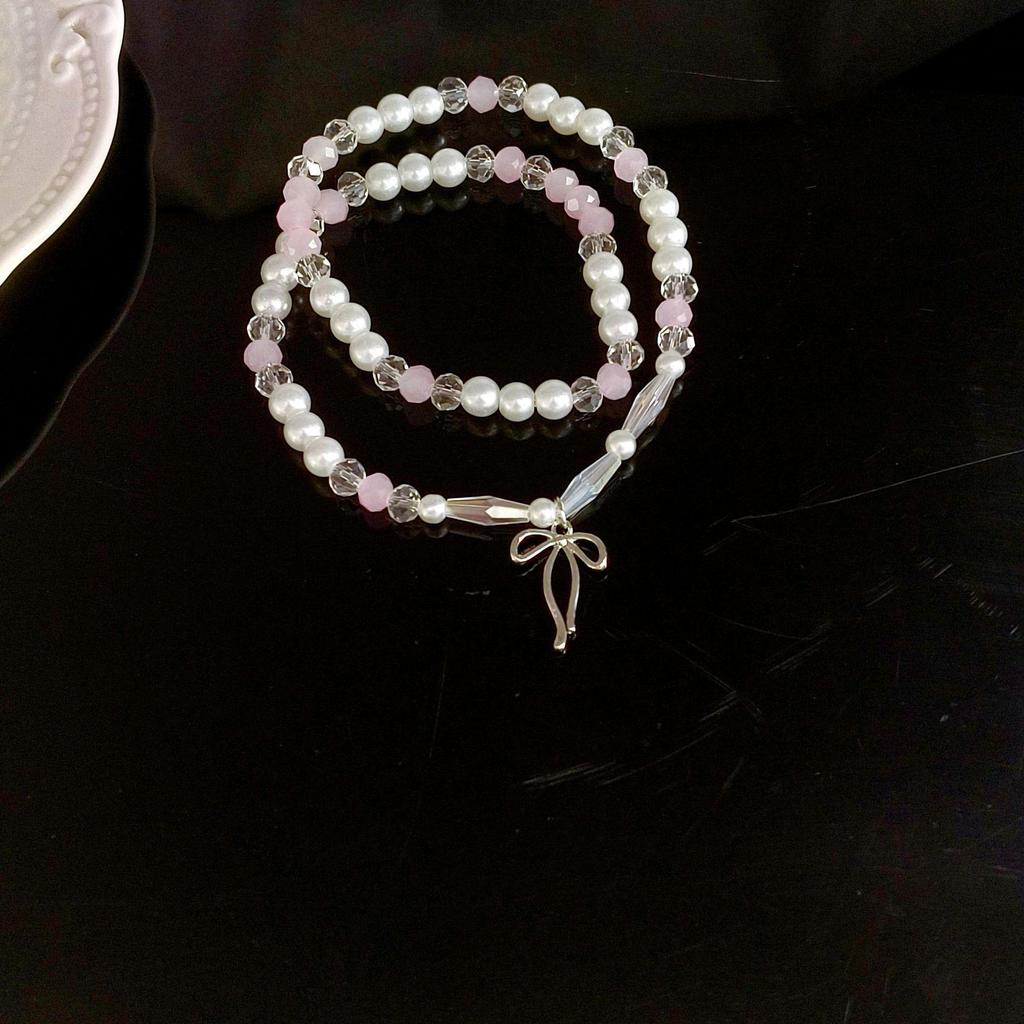 Korean Pink Beaded Bow Double-Layer Elastic Bracelet for Women - 2025 New Arrival