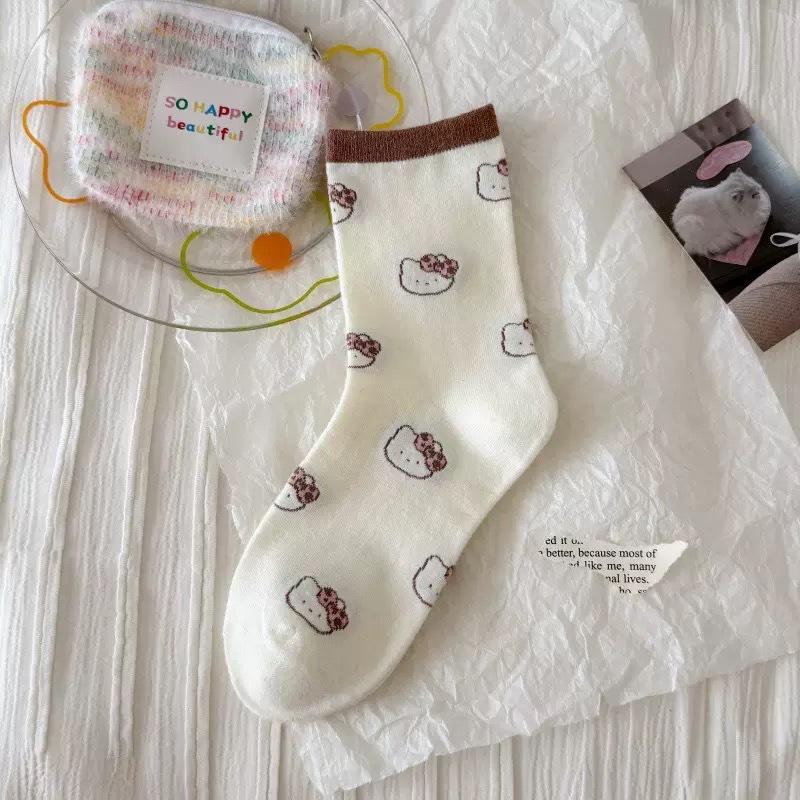 Cartoon Embroidery Cat Twist Rolled Hem Socks Leopard Print Cuffed Mid-Leg Socks Fashionable Wear Piles Of Socks Outside