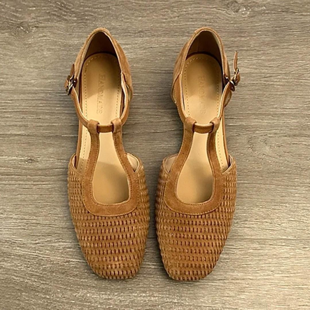 

Blue Cabinet~ Retro woven beautiful Roman sandals women s skirt hollow Mary Jane thick heel bag head single shoes 40 коричневый