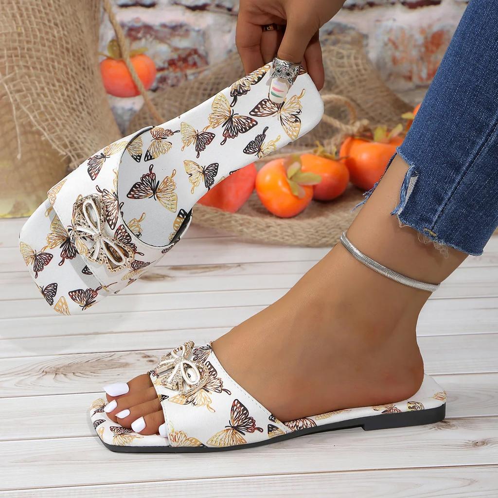 Sandales plates d'été à bout carré pour femmes, nouvelles chaussures à enfiler à bout ouvert avec nœud papillon pour femmes, chaussures de plage décontractées, pantoufles pour femmes