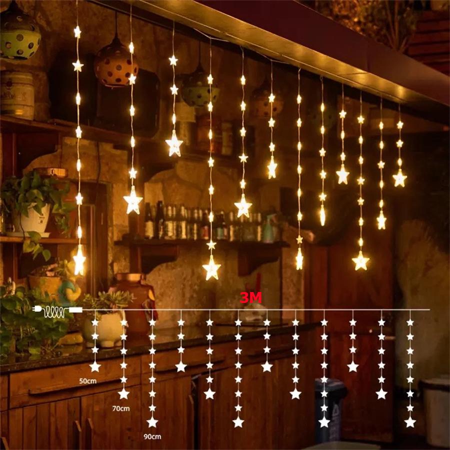 3M Star Moon Fairy Curtain String Lights Outdoor Star Icicle Light Christmas Garland Fairy Light for Window Wedding Party Decor