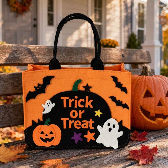 Ghost And Bat Candy Bag Halloween Trick or Treat Bag, Felt Goodie with Pumpkin Patches, Tote Large for Kids, Party Favor, Haunted House Decor Stiff