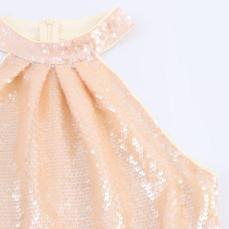 Kaslead New Women Clothes Western Style Fashion Simple Sequins Hanging Neck Temperament Long Dress