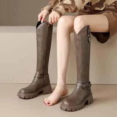 Fashion Brown Western Cowboy Boots for Women Knee High Boots Metal Belt Buckle Thick Heel Thick Sole High Top Knight Boots
