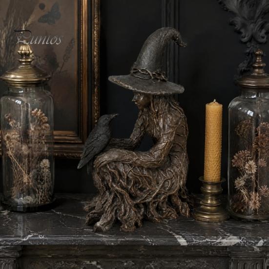 Decorative Witch Statue Halloween Tree Statue, Gothic Crow Resin Figurine, Retro Figurine Dark Fantasy Enchanting Ornament, Holiday Party Supplies